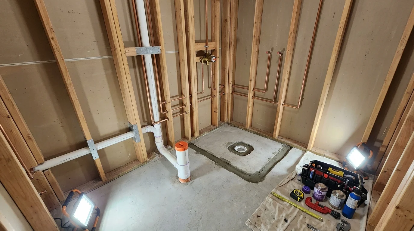 Bathroom rough-in plumbing during remodel by Johns Plumbing LLC in Rosebud