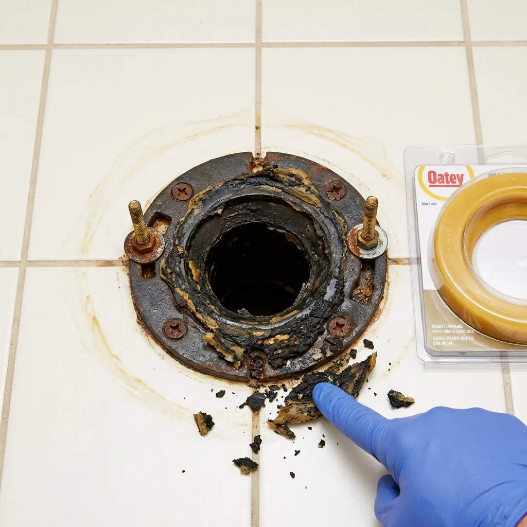 Failed wax ring showing water seepage at the base of a toilet in a Rosebud, SD home